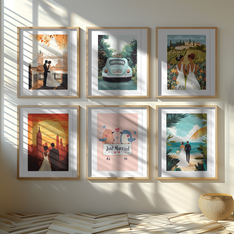 Image of six wedding posters hanging framed on one wall