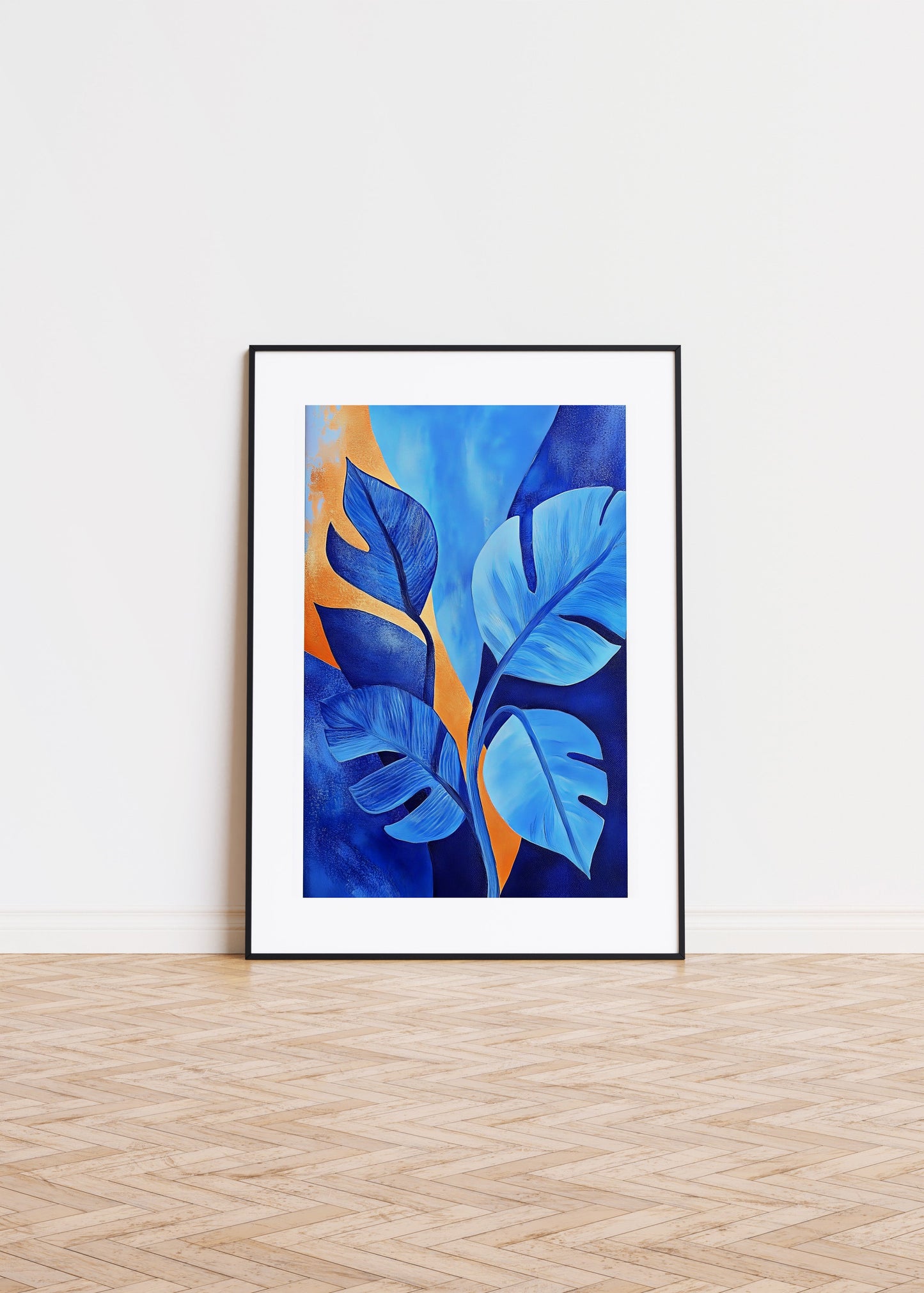 A painting of a plant with big leafs in blue 2