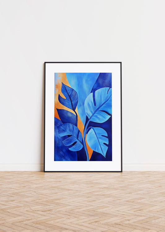 A painting of a plant with big leafs in blue 2