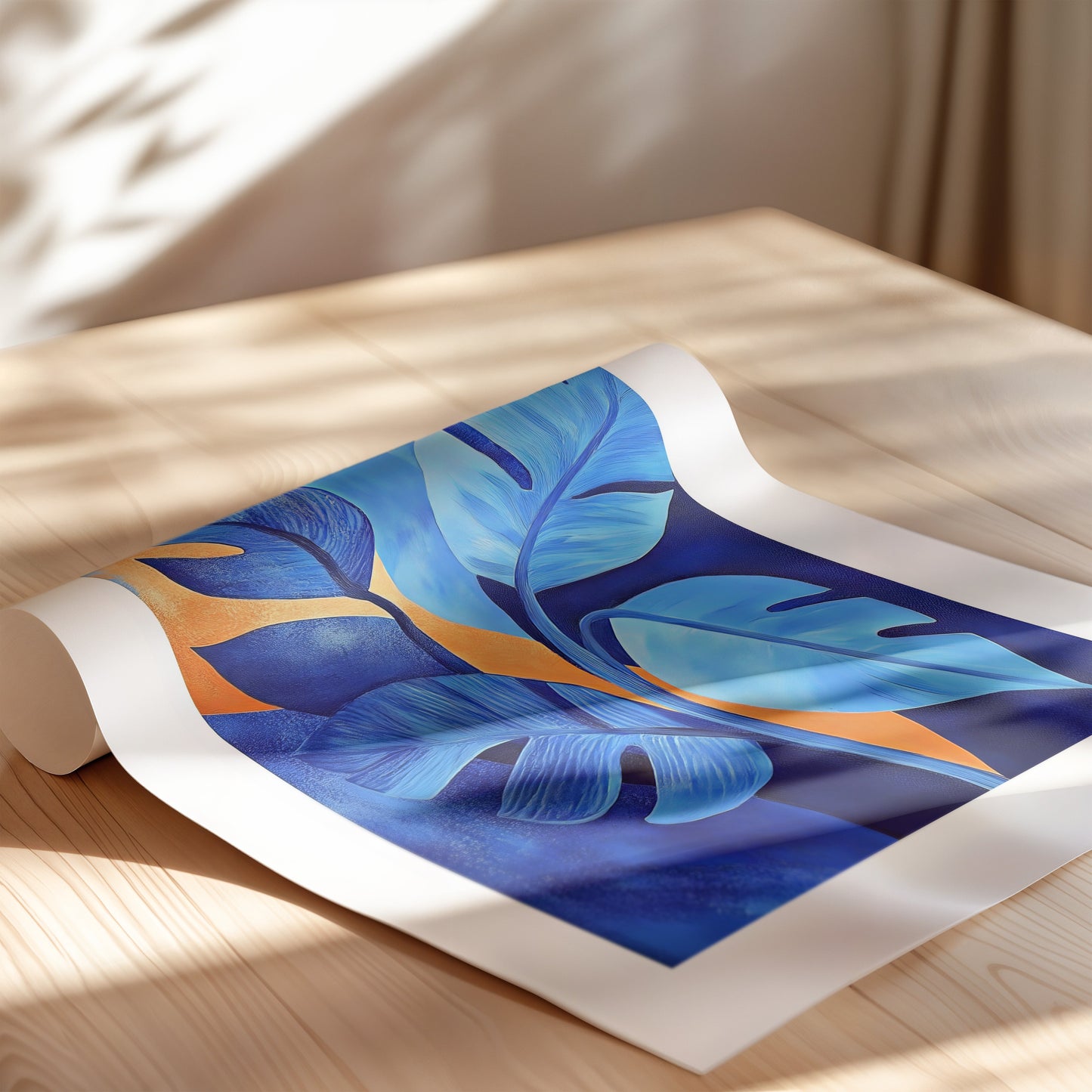 A painting of a plant with big leafs in blue 2