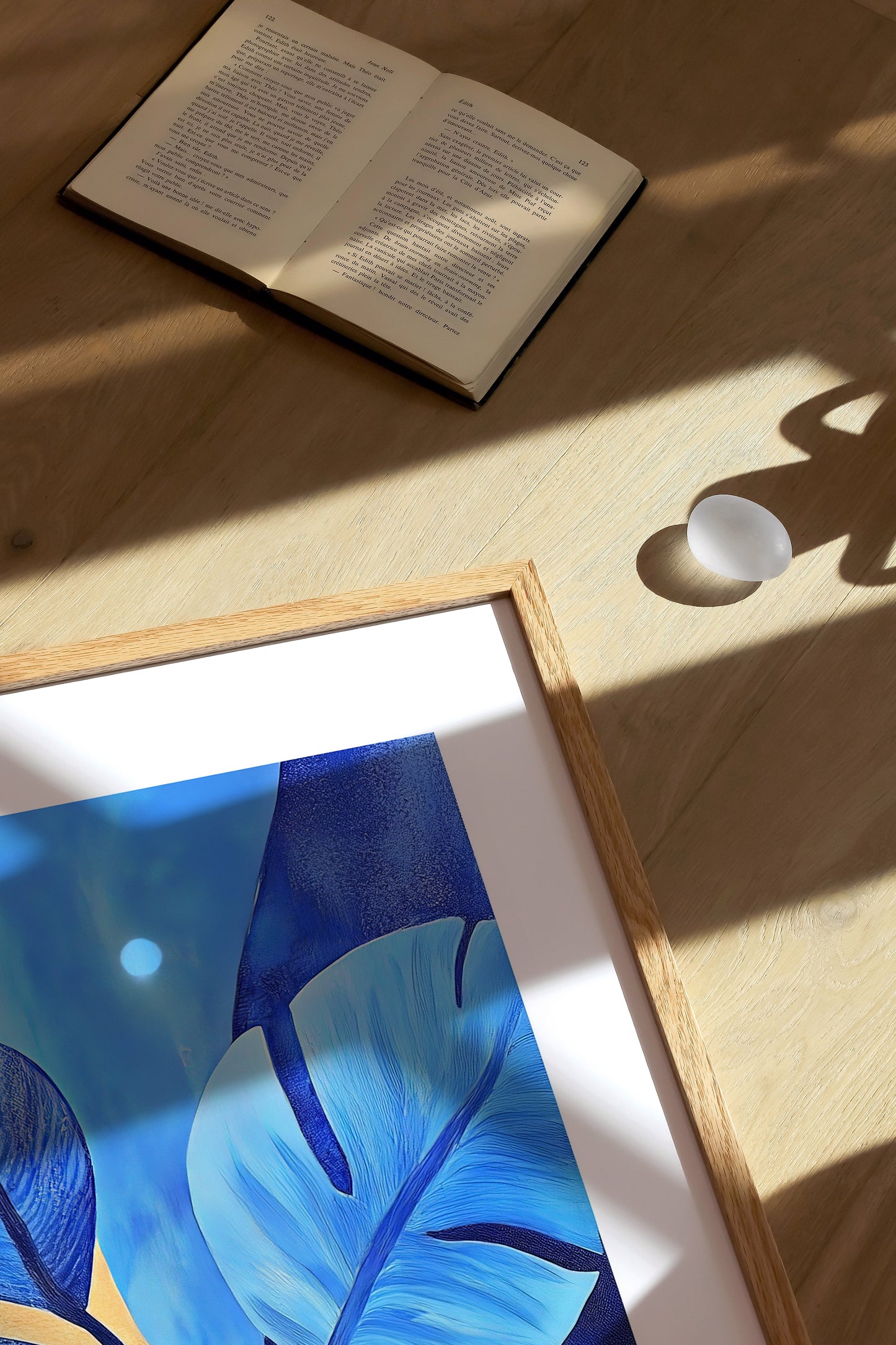 A painting of a plant with big leafs in blue 2