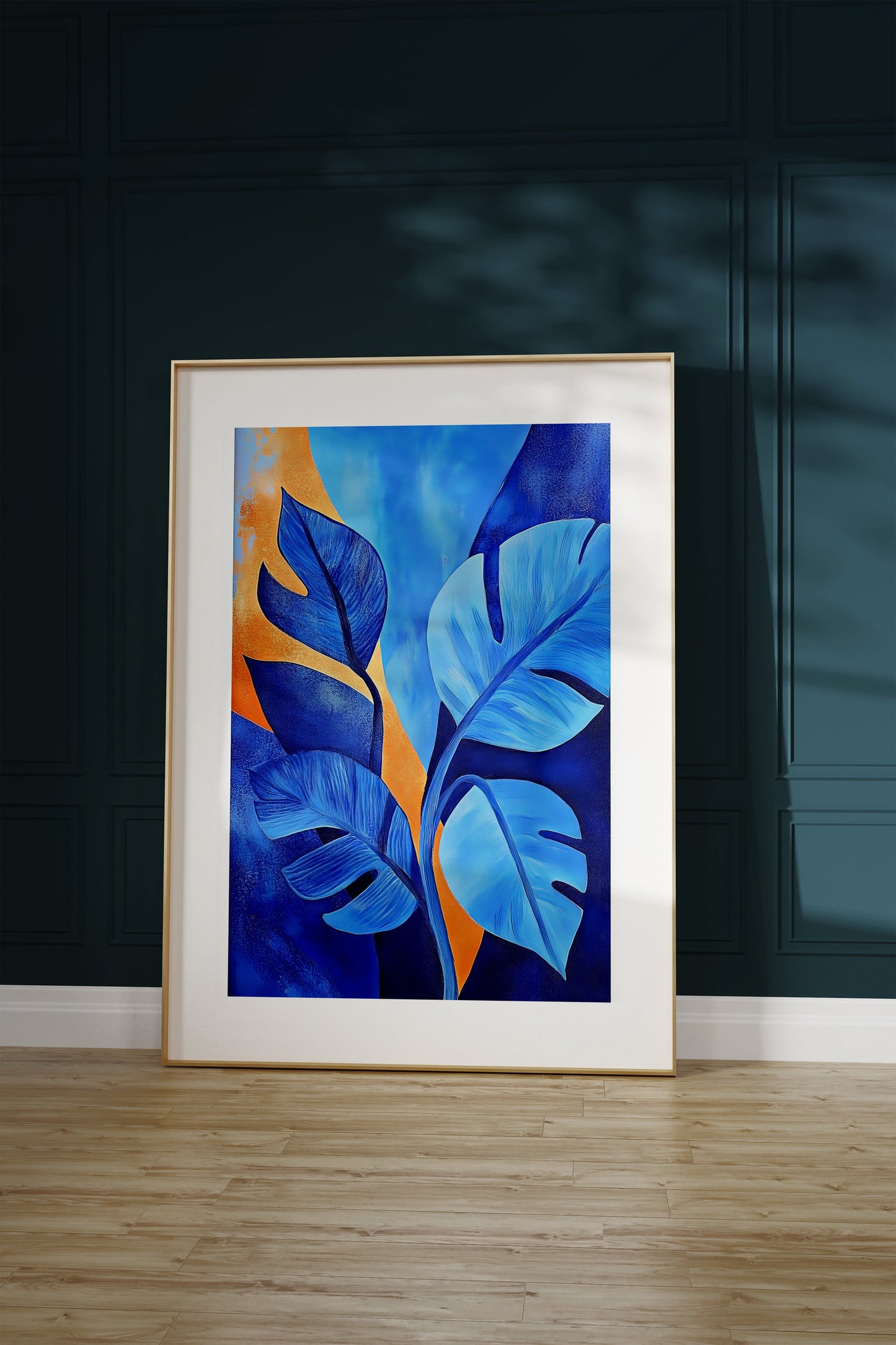 A painting of a plant with big leafs in blue 2
