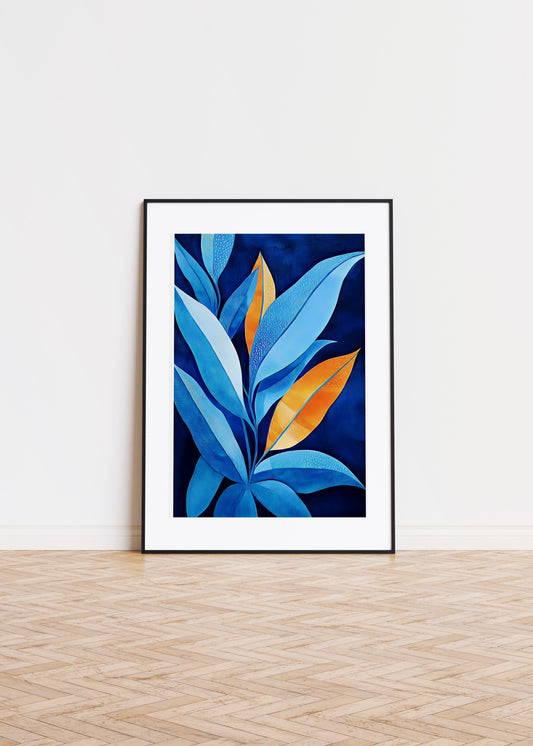 A painting of a plant with big leafs in blue 3