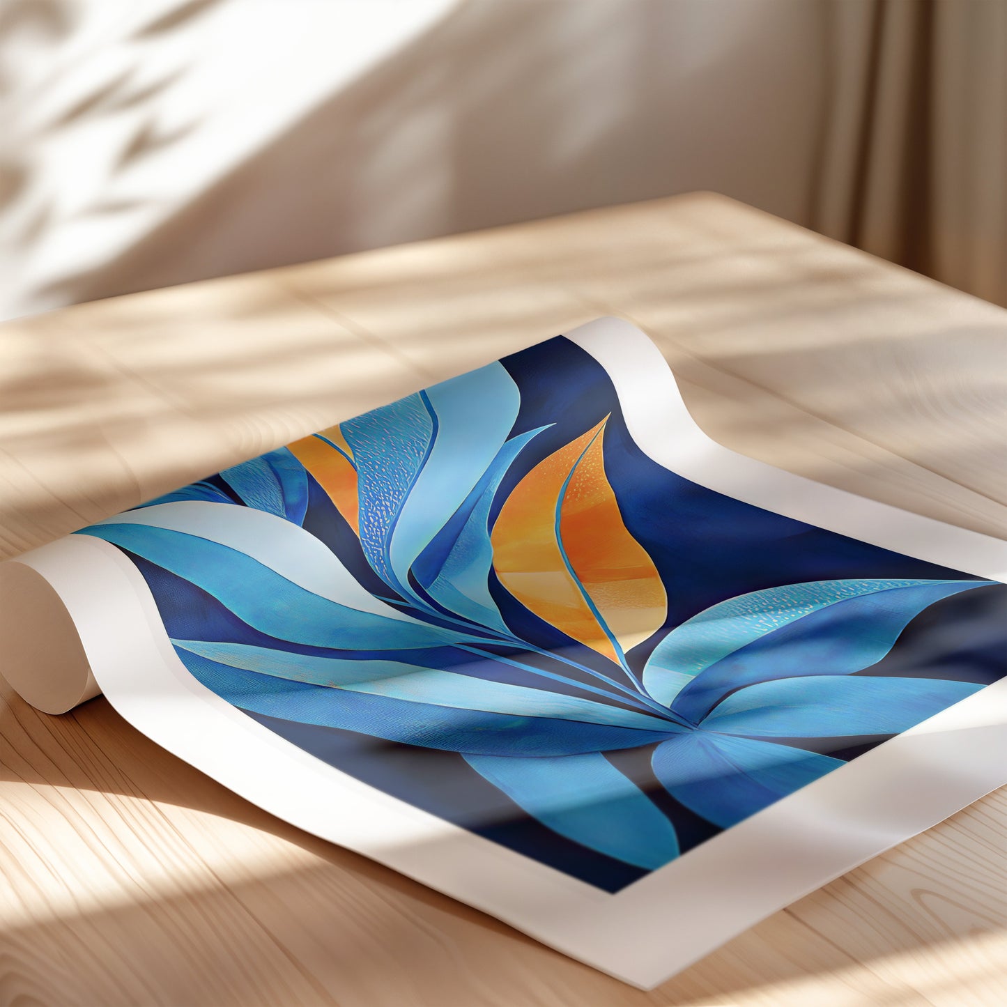 A painting of a plant with big leafs in blue 3