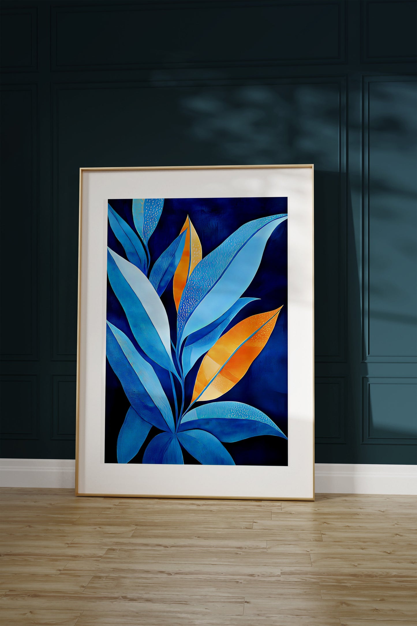 A painting of a plant with big leafs in blue 3