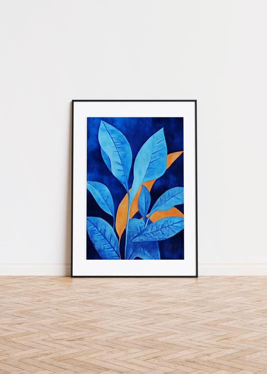 A painting of a plant with big leafs in blue 4