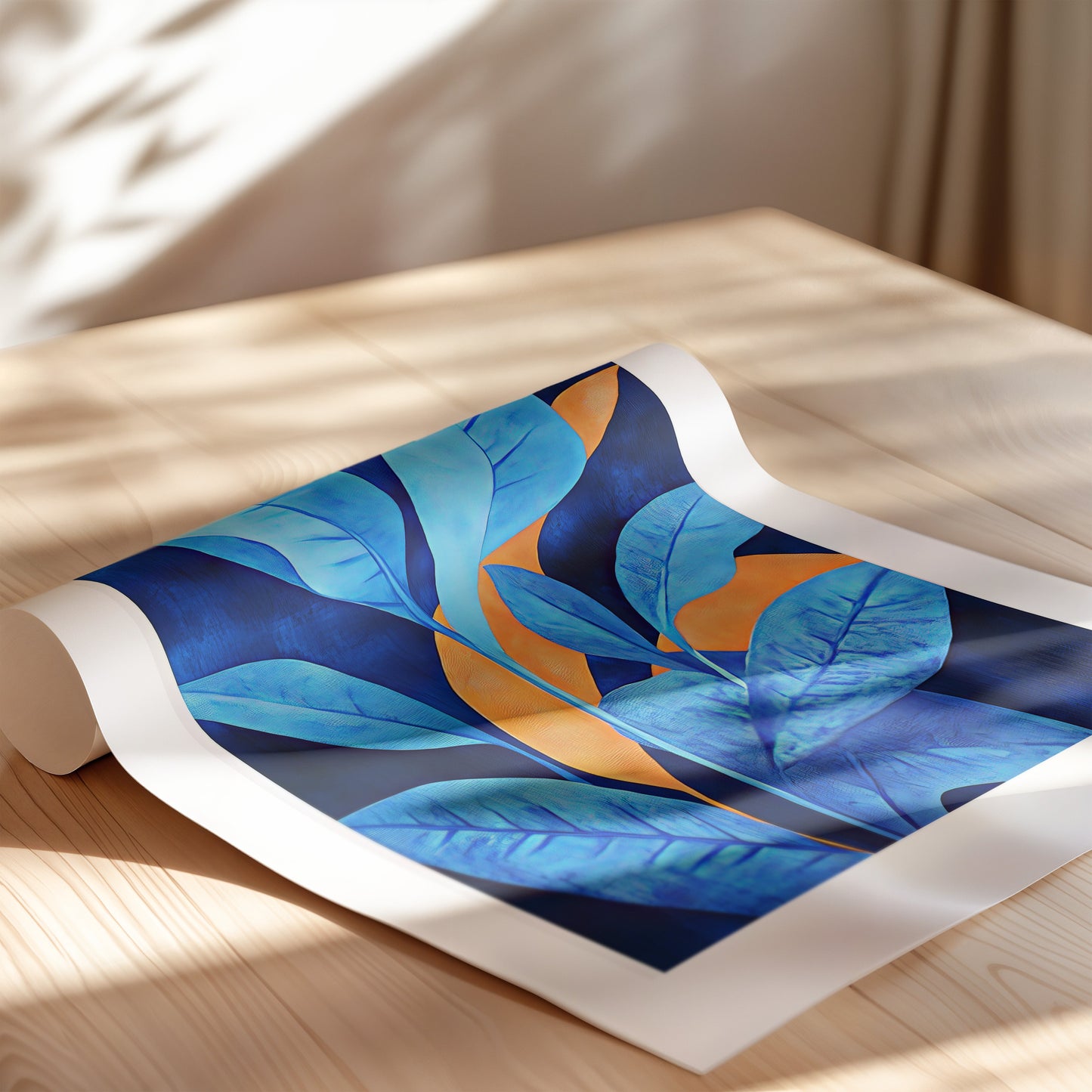 A painting of a plant with big leafs in blue 4