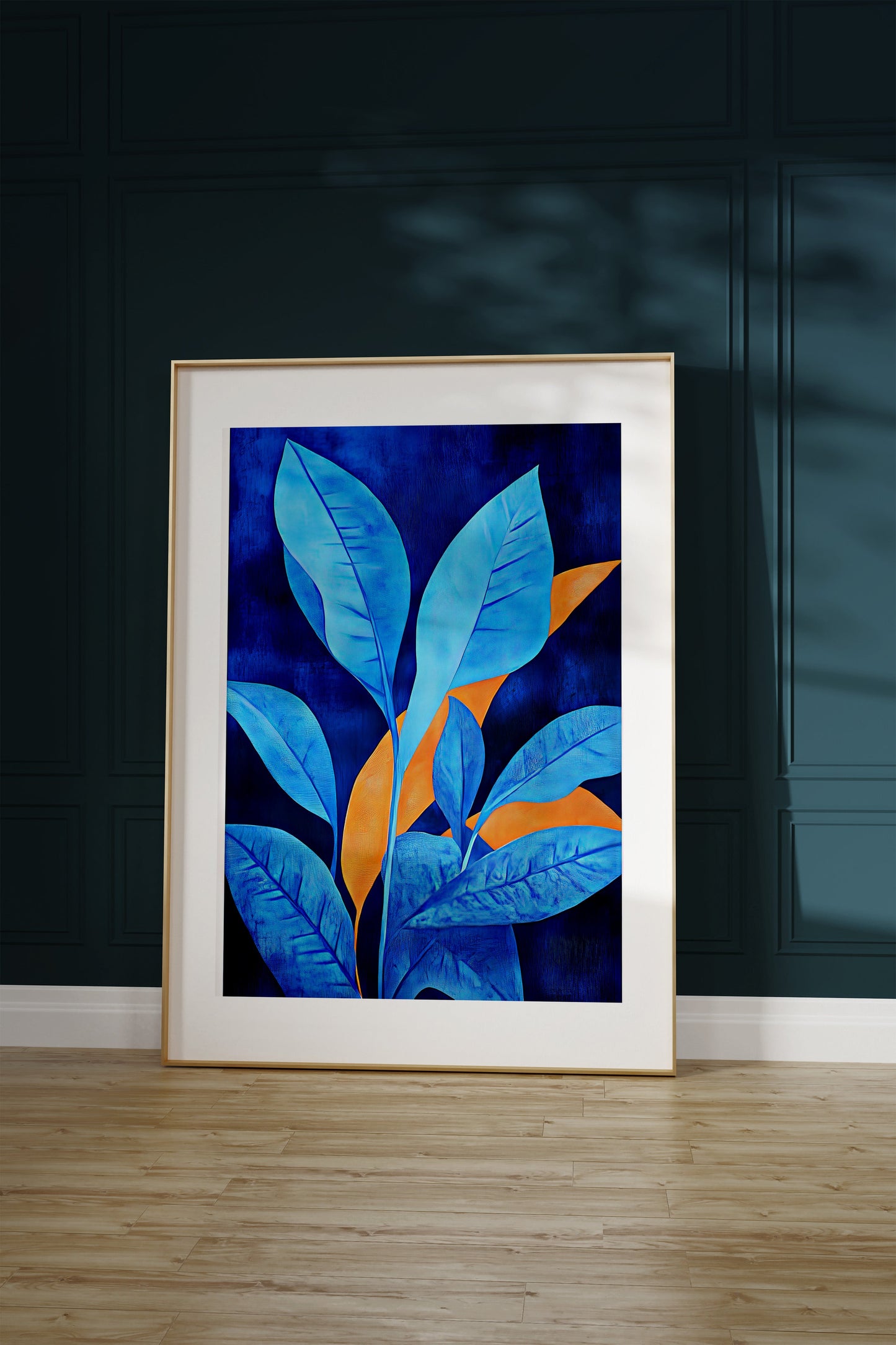 A painting of a plant with big leafs in blue 4